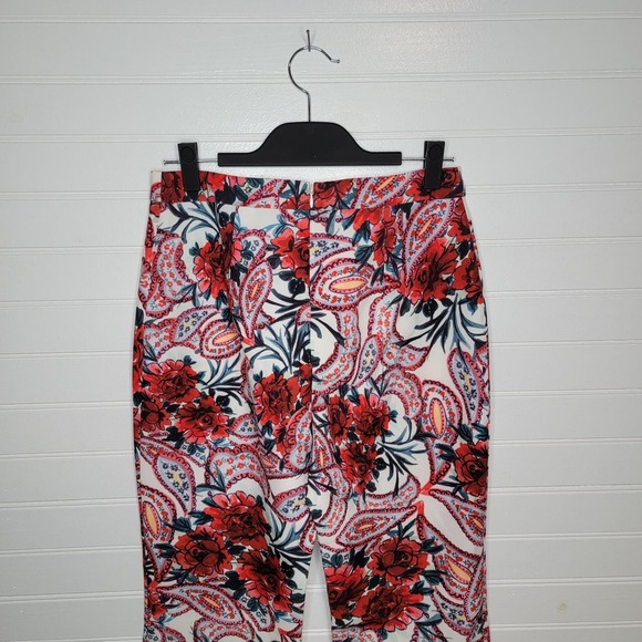 Badgley Mischka Size 6 Paisley Wide Leg Pants Red Multi Stretch Crepe Floral - Picture 6 of 12